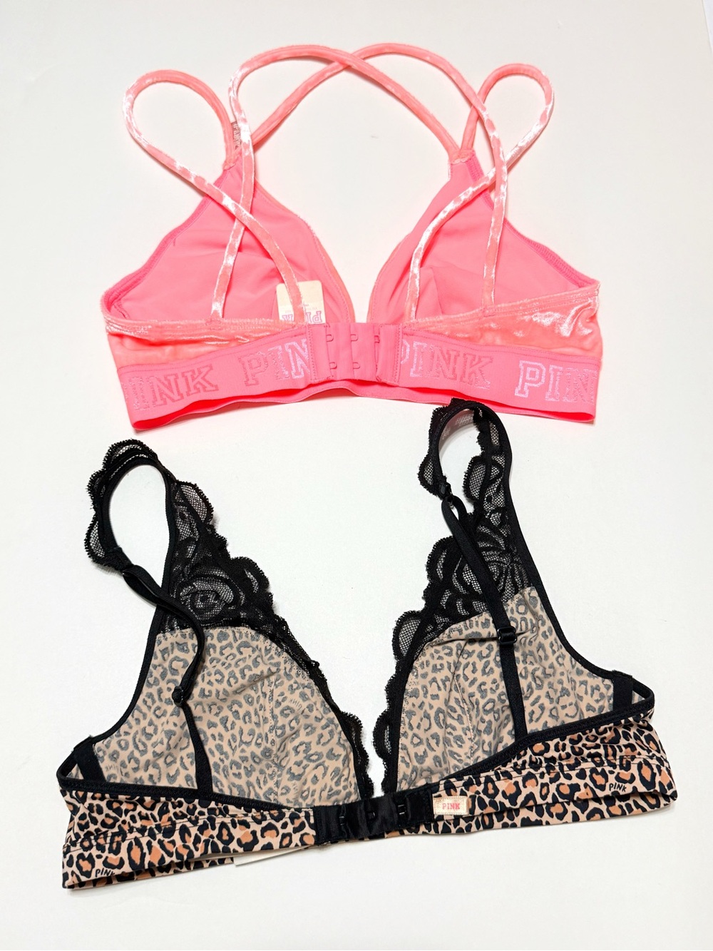 4 BUNDLE VICTORIAS SECRET PINK leopard velvet logo racerback sports BRAS - Picture 2 of 3